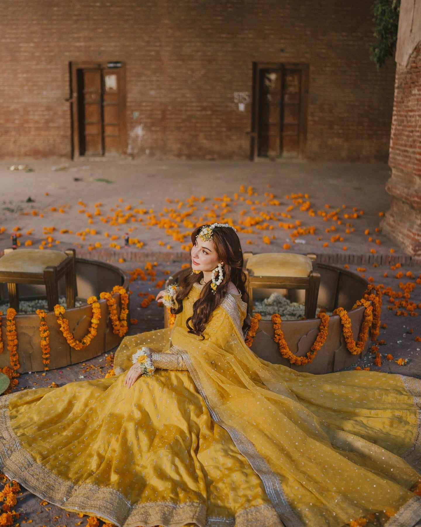Golden Radiance: Embroidered Chinon Silk Gown Set with Sequin Dupatta