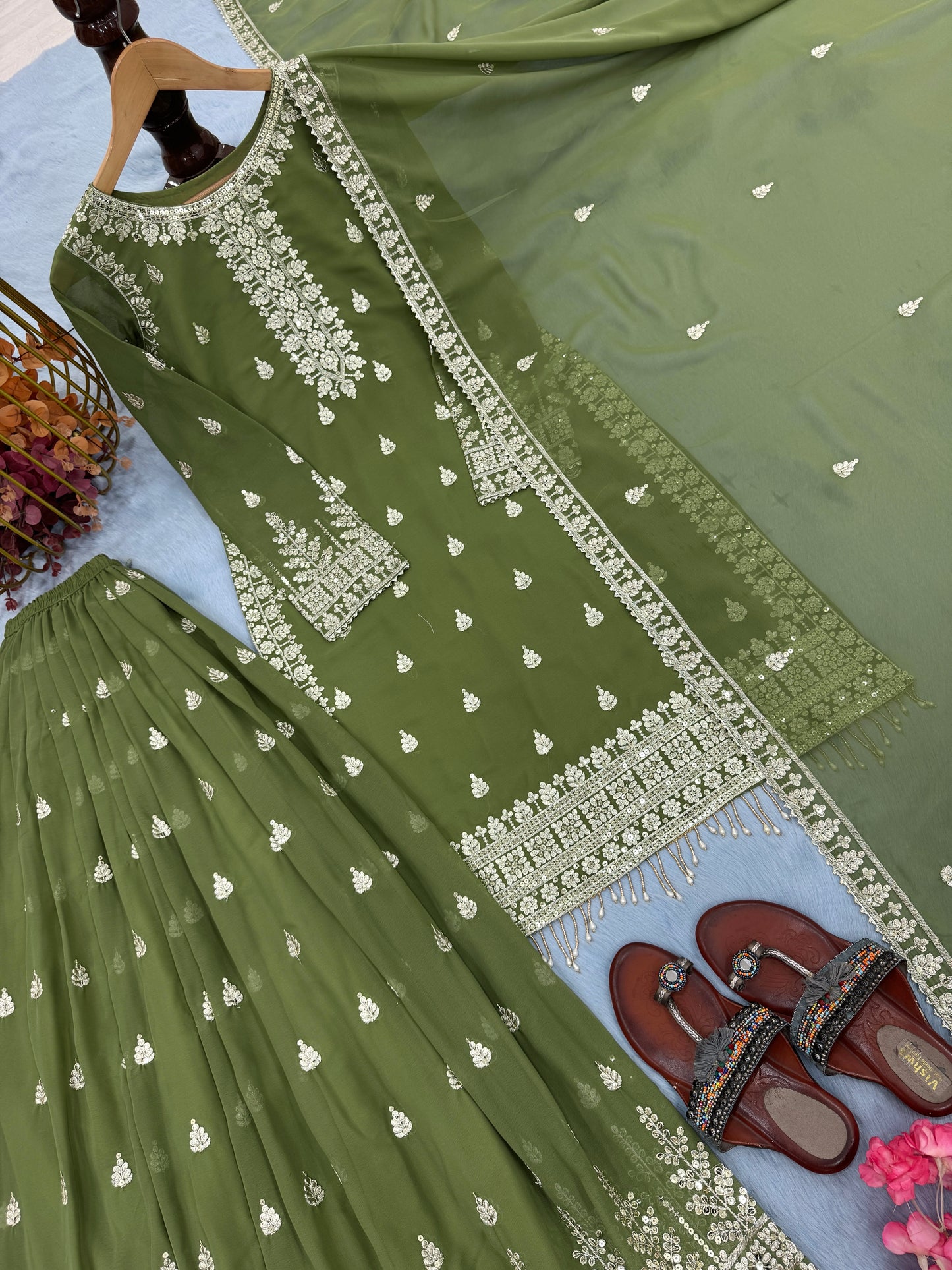 Grace in Every Thread – Elegant Green Embroidered Suit