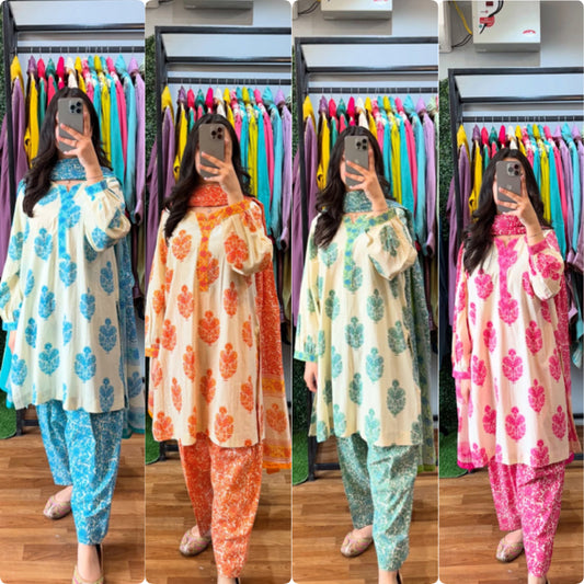 Printed Cotton Suit Sets Now in Four Striking Colors!  Primary Text