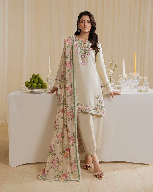 Ethereal Blossoms: Cream Floral Embroidered Suit Set for Effortless Elegance