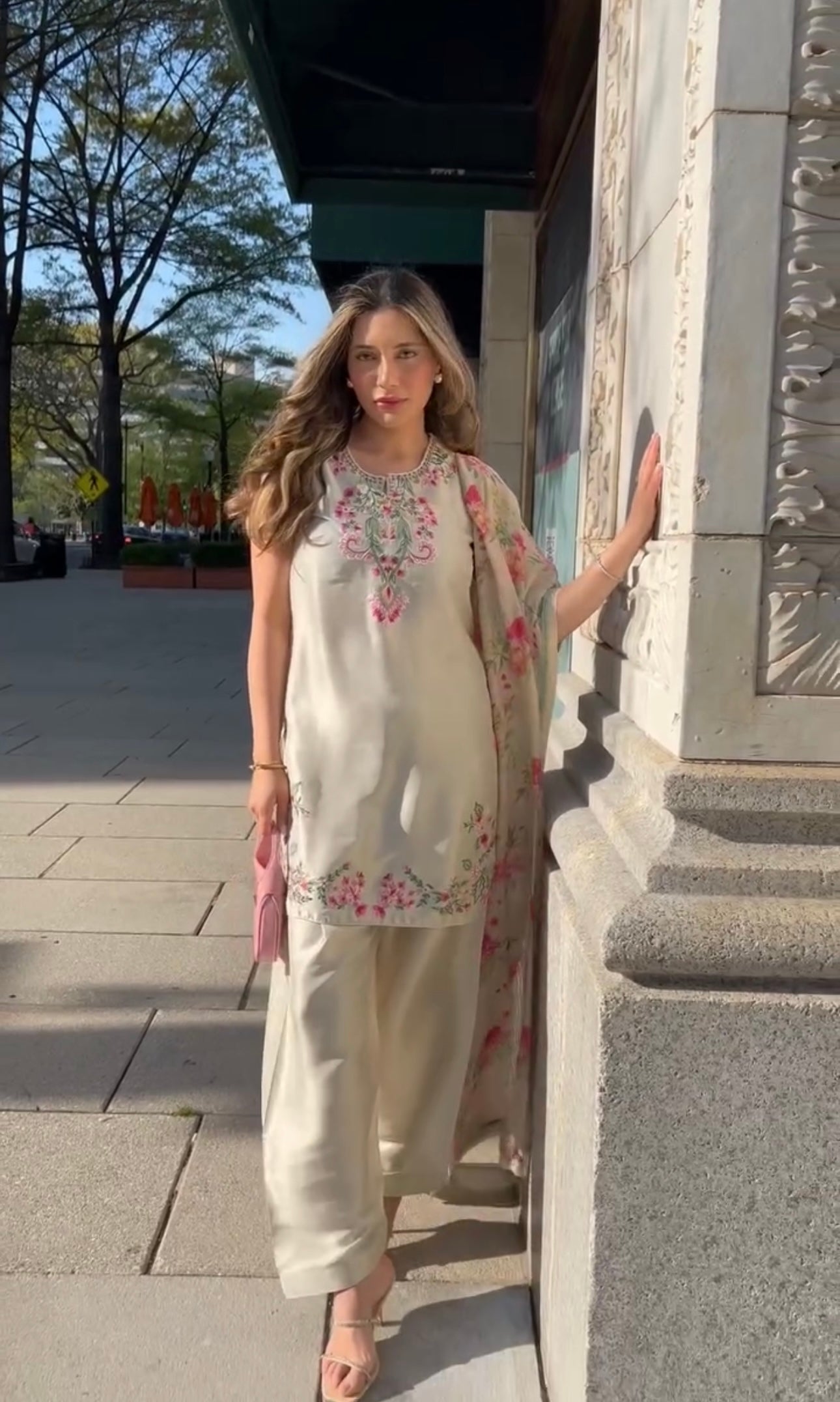 Ethereal Blossoms: Cream Floral Embroidered Suit Set for Effortless Elegance