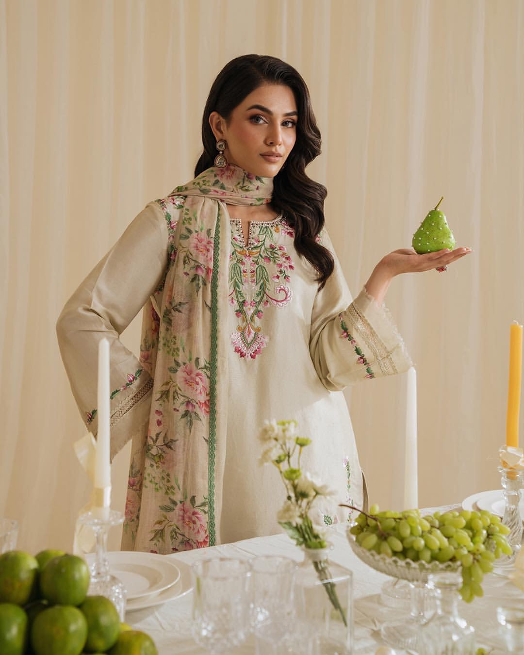 Ethereal Blossoms: Cream Floral Embroidered Suit Set for Effortless Elegance