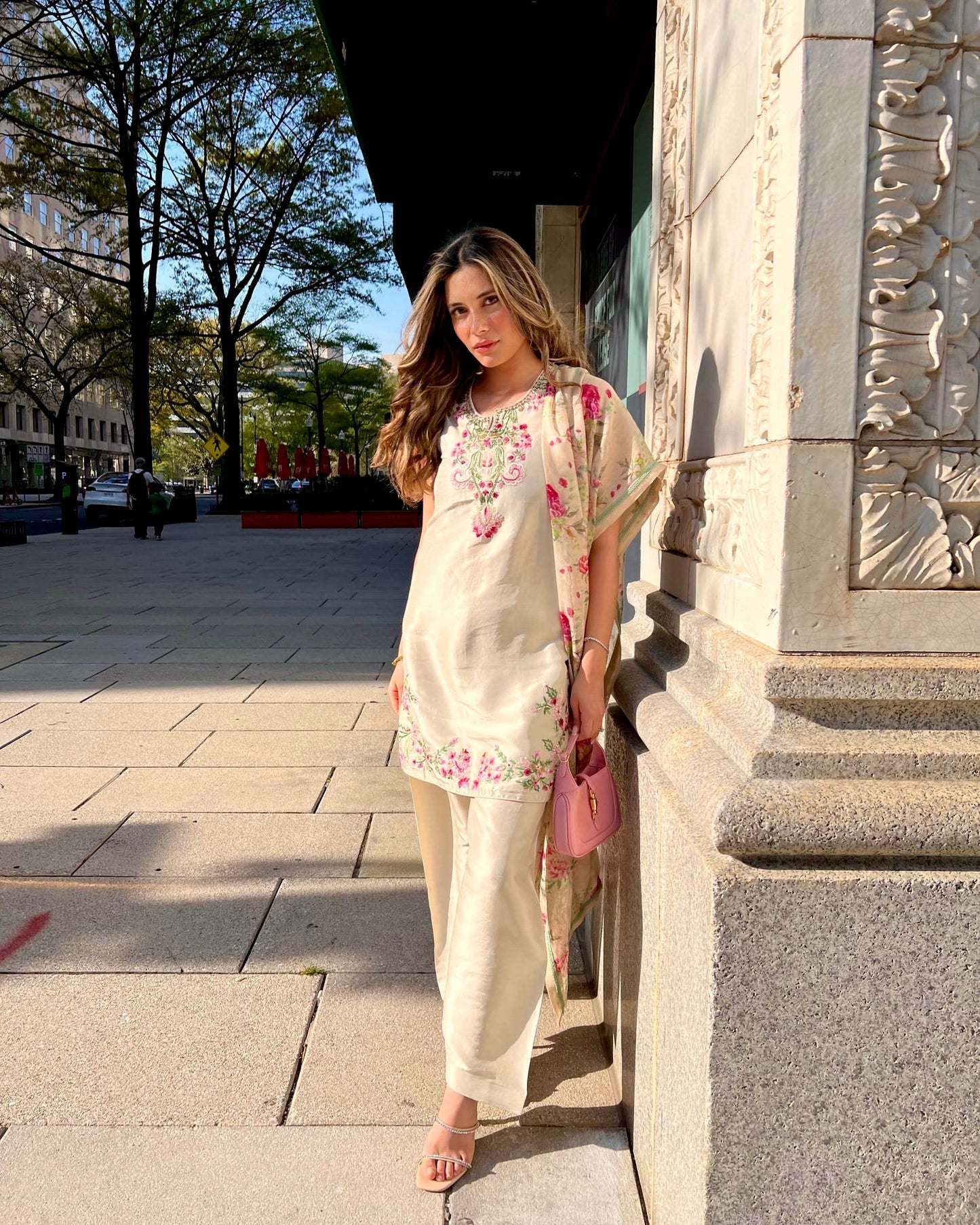 Ethereal Blossoms: Cream Floral Embroidered Suit Set for Effortless Elegance