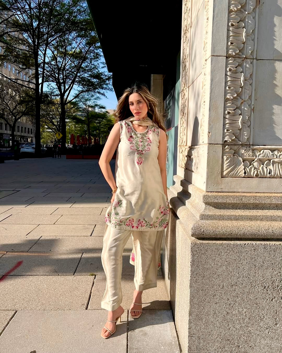 Ethereal Blossoms: Cream Floral Embroidered Suit Set for Effortless Elegance