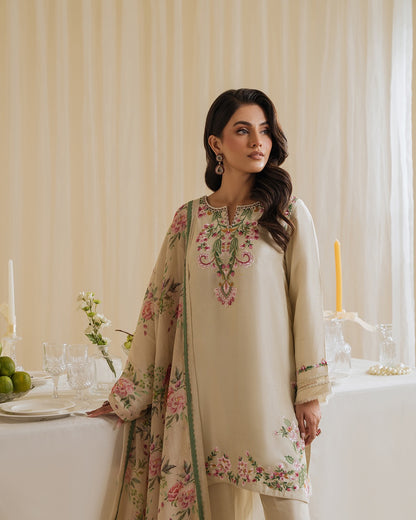 Ethereal Blossoms: Cream Floral Embroidered Suit Set for Effortless Elegance