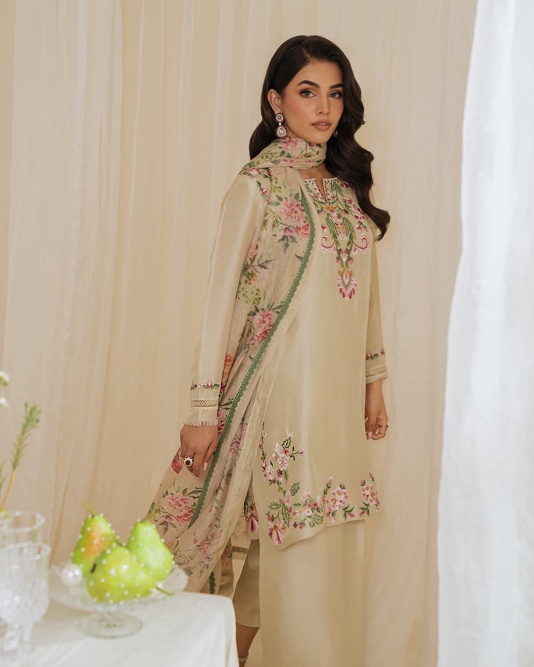 Ethereal Blossoms: Cream Floral Embroidered Suit Set for Effortless Elegance