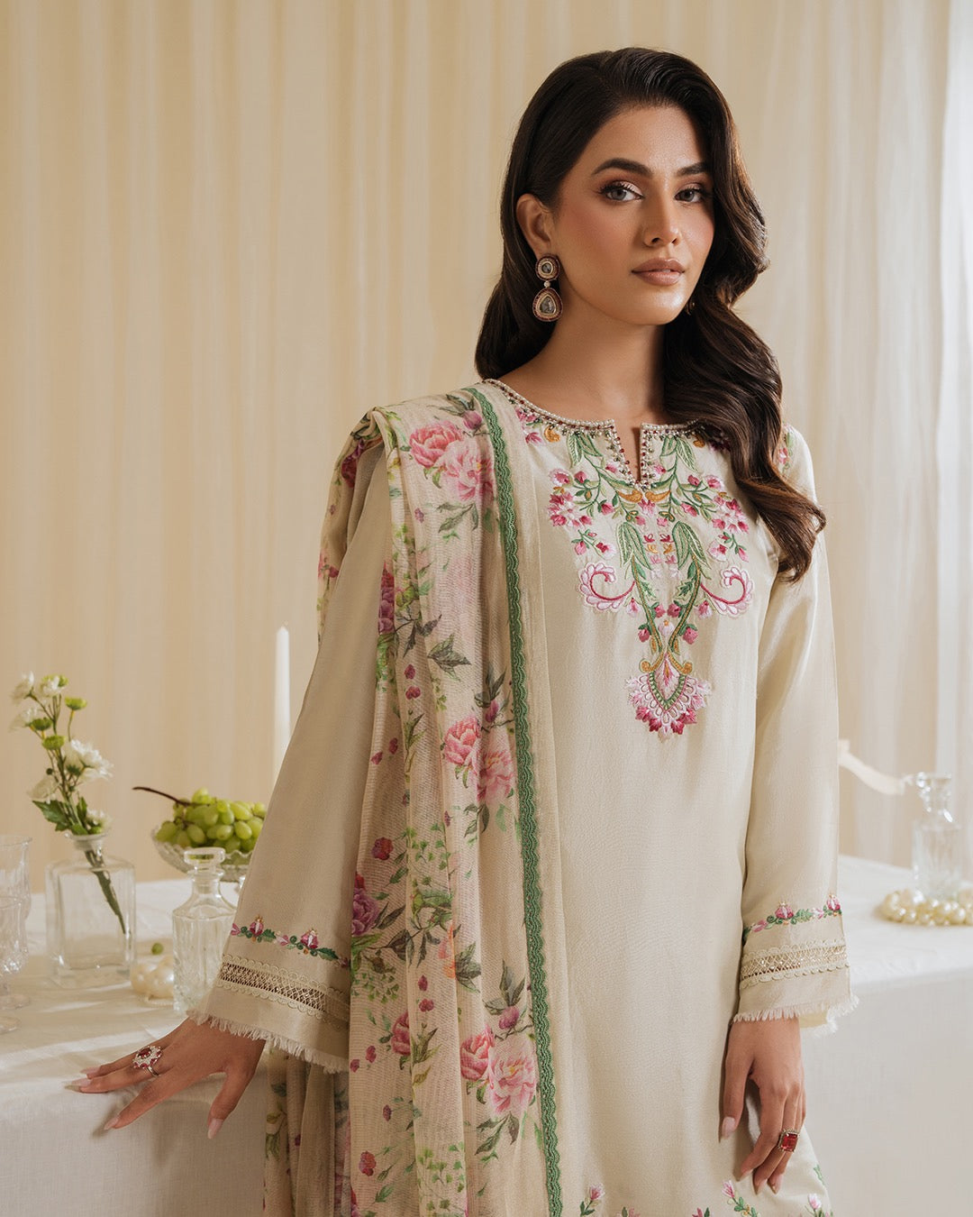 Ethereal Blossoms: Cream Floral Embroidered Suit Set for Effortless Elegance