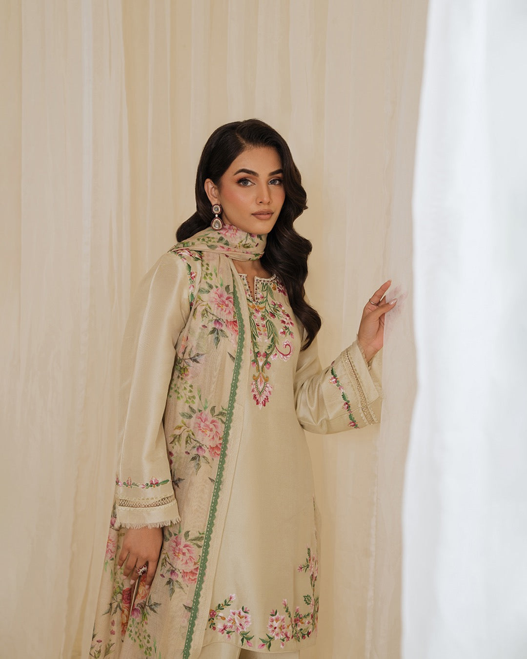 Ethereal Blossoms: Cream Floral Embroidered Suit Set for Effortless Elegance