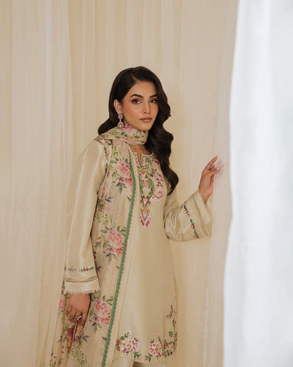 Ethereal Blossoms: Cream Floral Embroidered Suit Set for Effortless Elegance