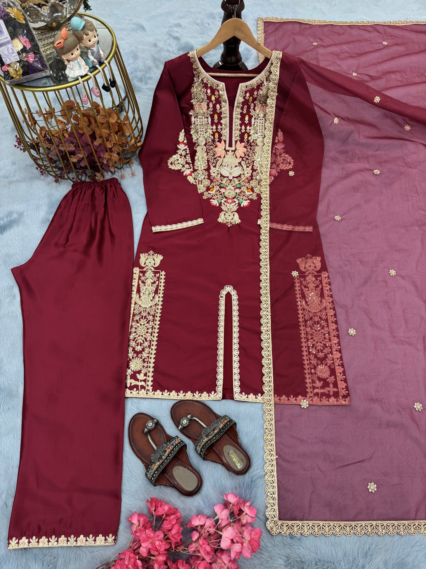 🌸 “Bloom in Elegance – Exquisite Maroon Embroidered Suit”