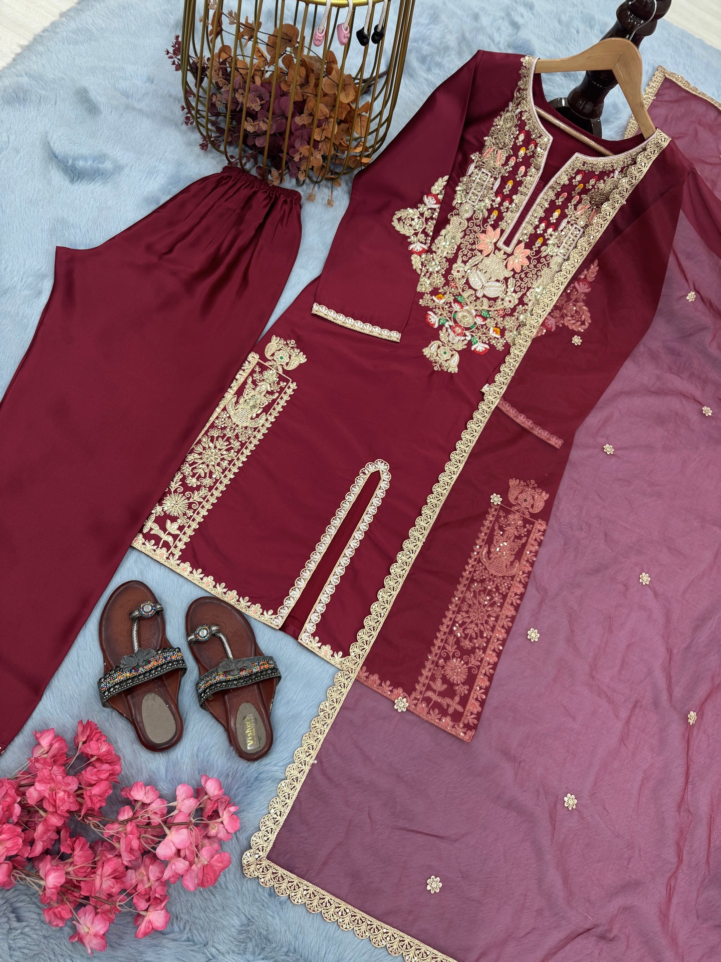 🌸 “Bloom in Elegance – Exquisite Maroon Embroidered Suit”