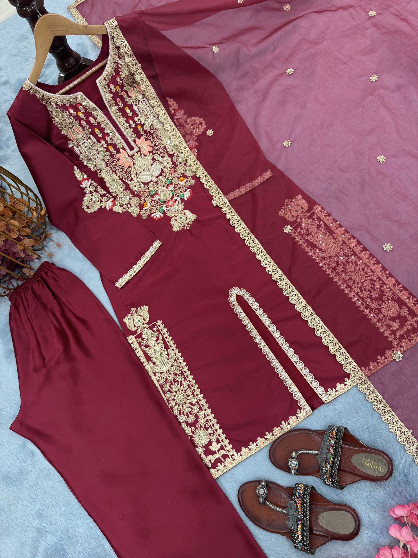 🌸 “Bloom in Elegance – Exquisite Maroon Embroidered Suit”