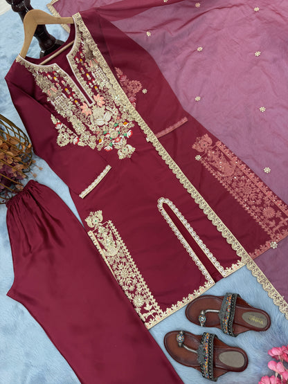 🌸 “Bloom in Elegance – Exquisite Maroon Embroidered Suit”