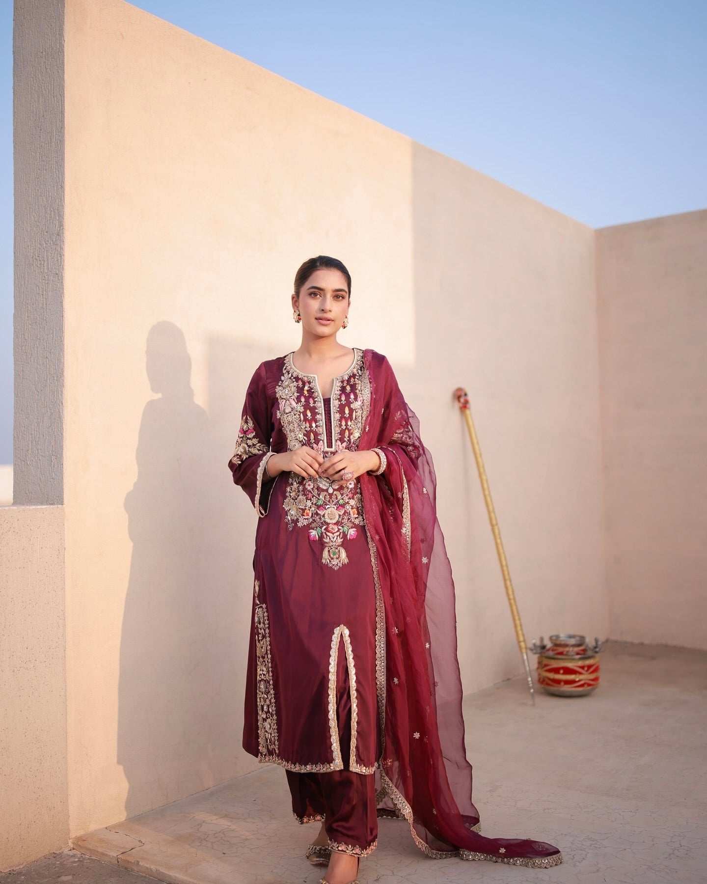 🌸 “Bloom in Elegance – Exquisite Maroon Embroidered Suit”