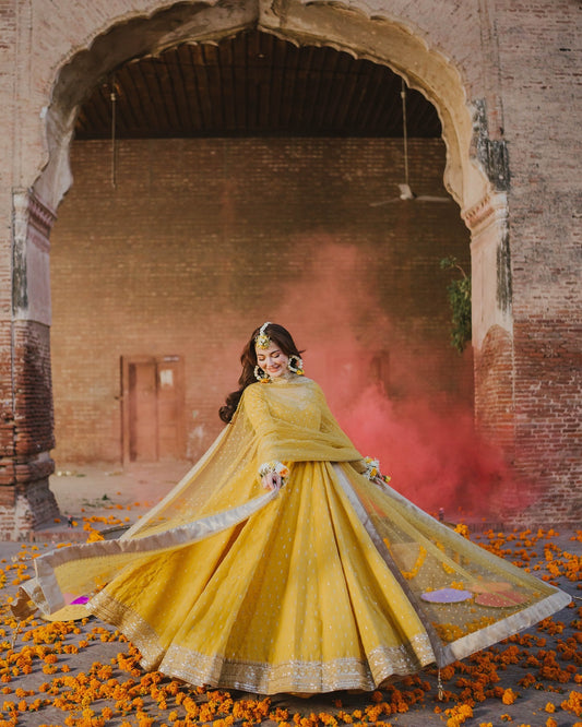 Golden Radiance: Embroidered Chinon Silk Gown Set with Sequin Dupatta