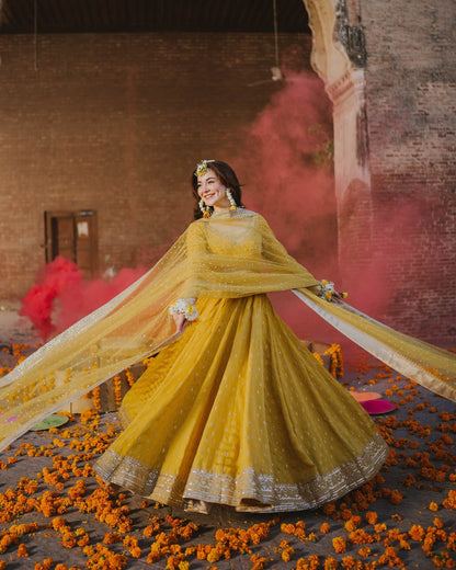 Golden Radiance: Embroidered Chinon Silk Gown Set with Sequin Dupatta