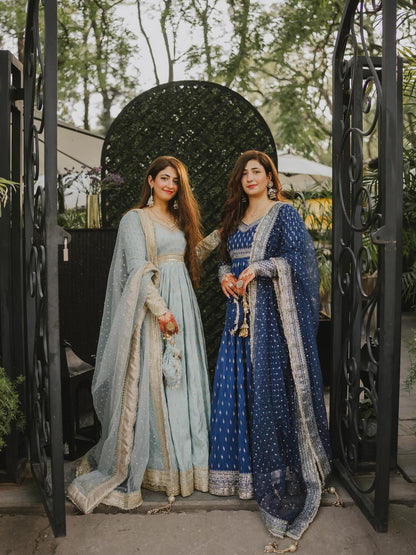 Golden Radiance: Embroidered Chinon Silk Gown Set with Sequin Dupatta