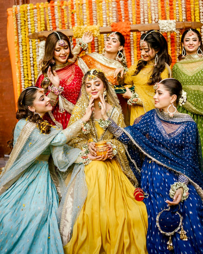 Golden Radiance: Embroidered Chinon Silk Gown Set with Sequin Dupatta