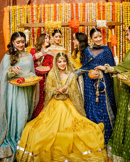 Golden Radiance: Embroidered Chinon Silk Gown Set with Sequin Dupatta
