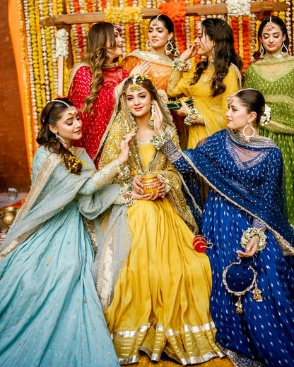 Golden Radiance: Embroidered Chinon Silk Gown Set with Sequin Dupatta