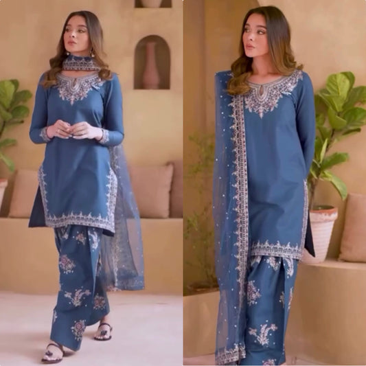 Royal Blue Elegance – Embroidered Perfection