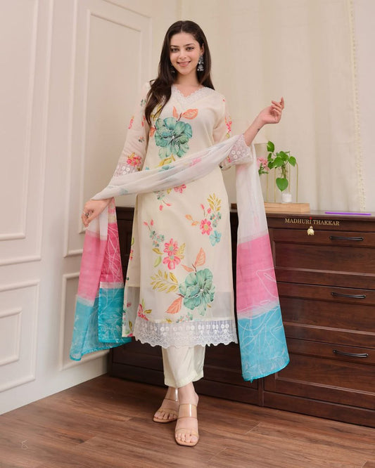 Effortlessly Elegant: Floral Printed Kurta Set With Pastel Dupatta